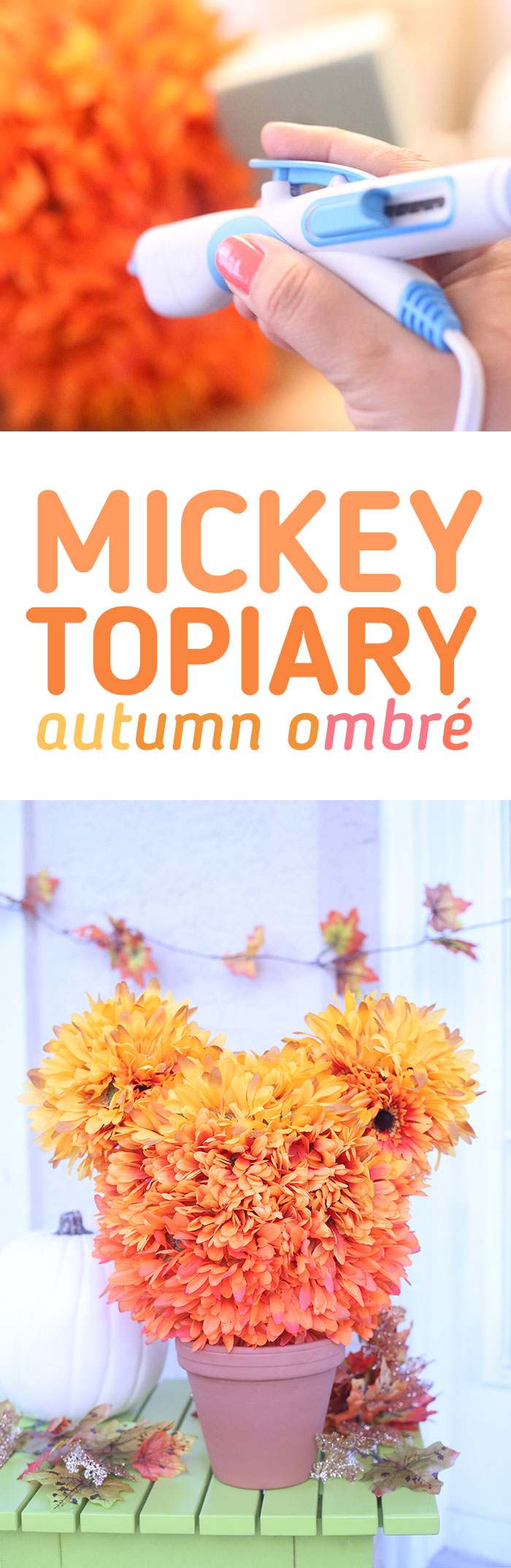 Mickey Topiary for Autumn. Easy faux flowers with ombre colors bring this together beautifully.