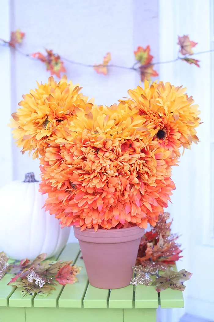 Mickey Topiary for Autumn. Easy faux flowers with ombre colors bring this together beautifully.