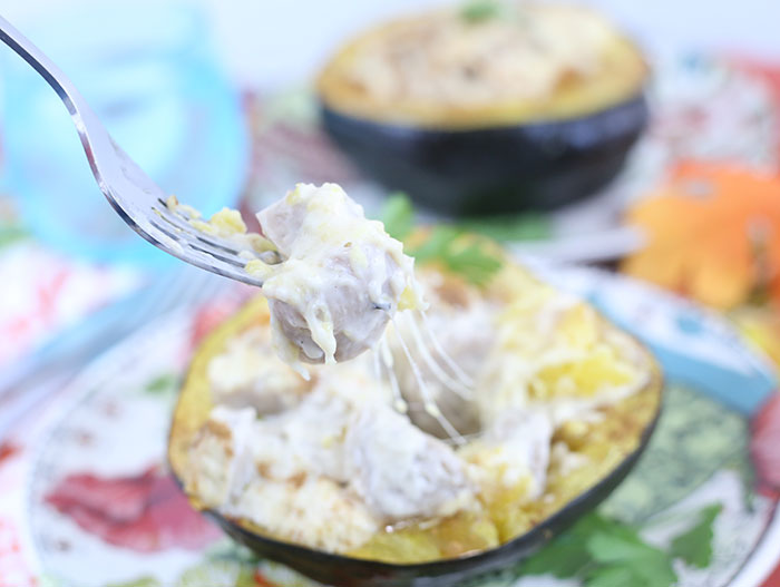 Stuffed Acorn Squash with Sweet Apple Chicken Sausage. Perfect fall dinner idea! 