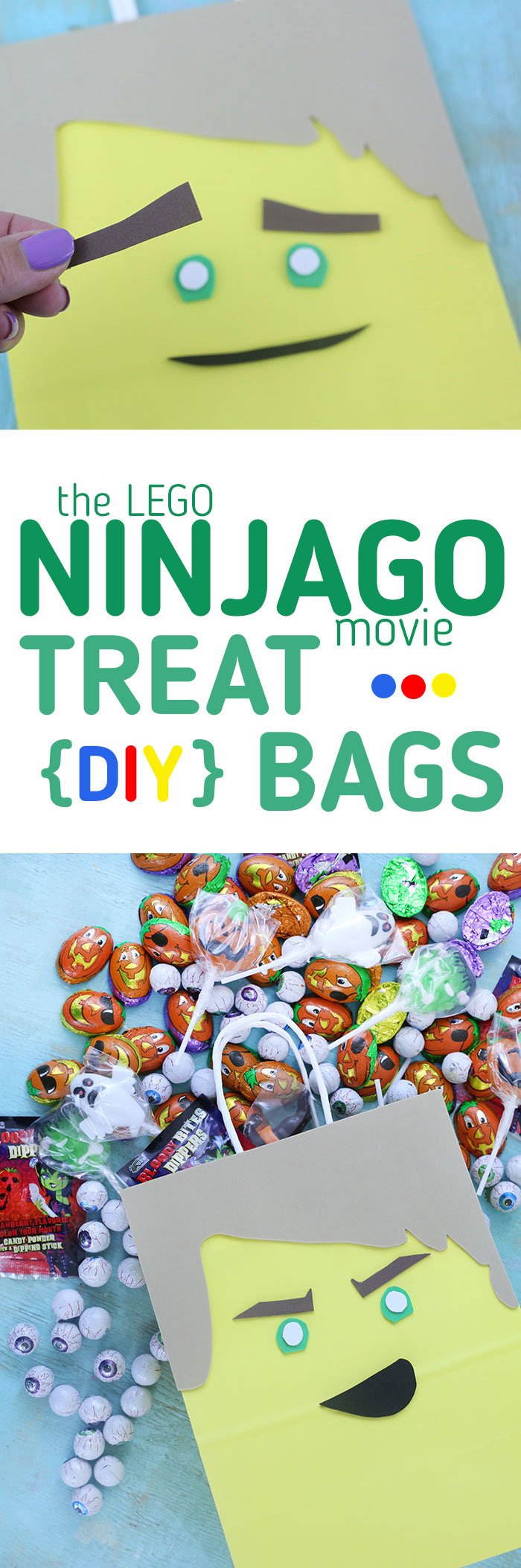 Ninjago Movie DIY. Make cute treat bags for parties or halloween. Easy craft to do with kids in celebration of The LEGO Ninjago movie.