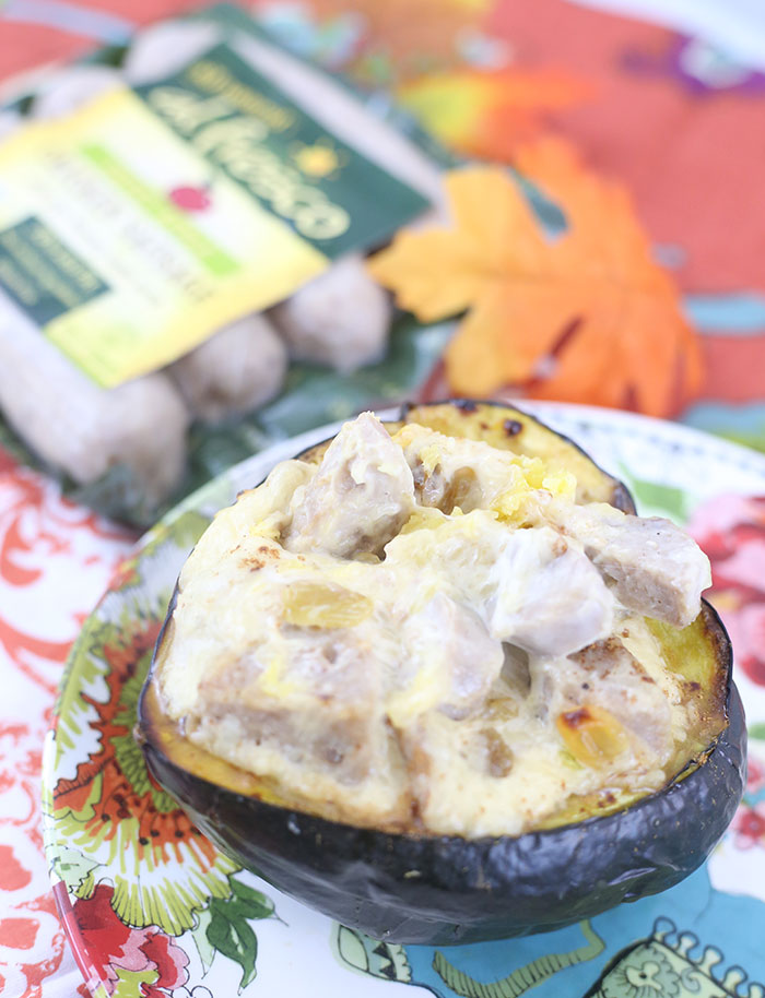Stuffed Acorn Squash with Sweet Apple Chicken Sausage. Perfect fall dinner idea!