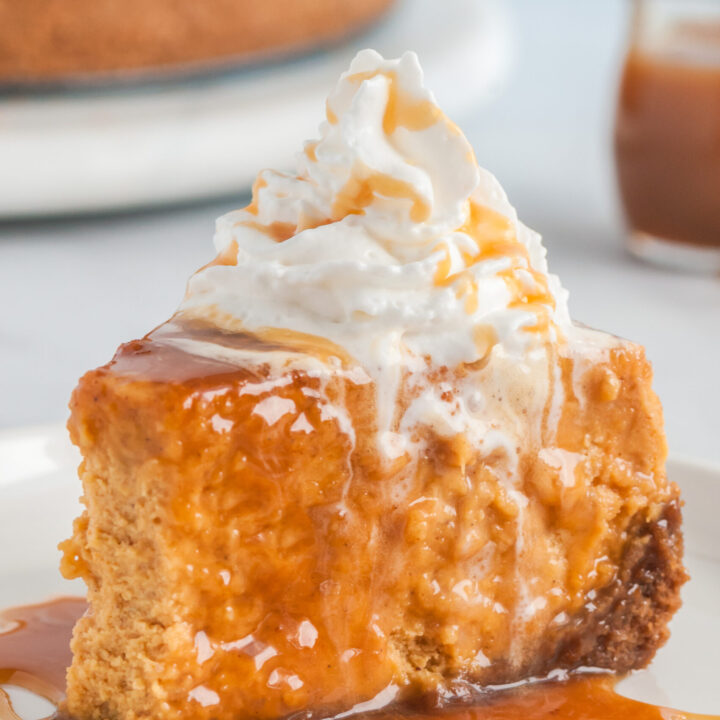 plated slice of pumpkin cheesecake with caramel sauce and whipped cream on top