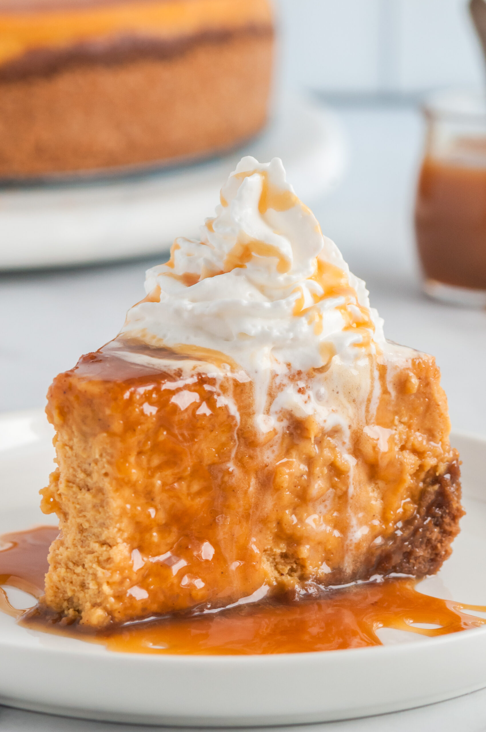 plated slice of pumpkin cheesecake with caramel sauce and whipped cream on top