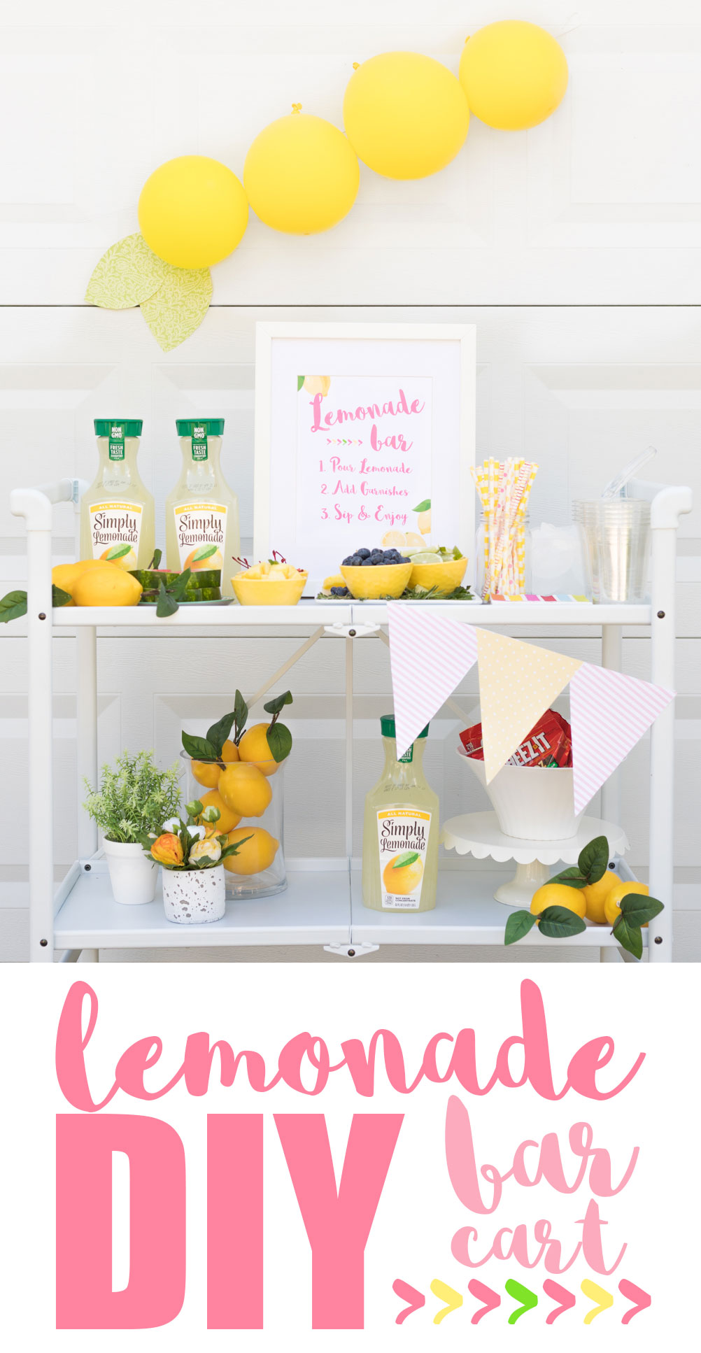 Lemonade Bar Cart Ideas. Best of summer all on one bar cart from lemonade to amazing garnishes.