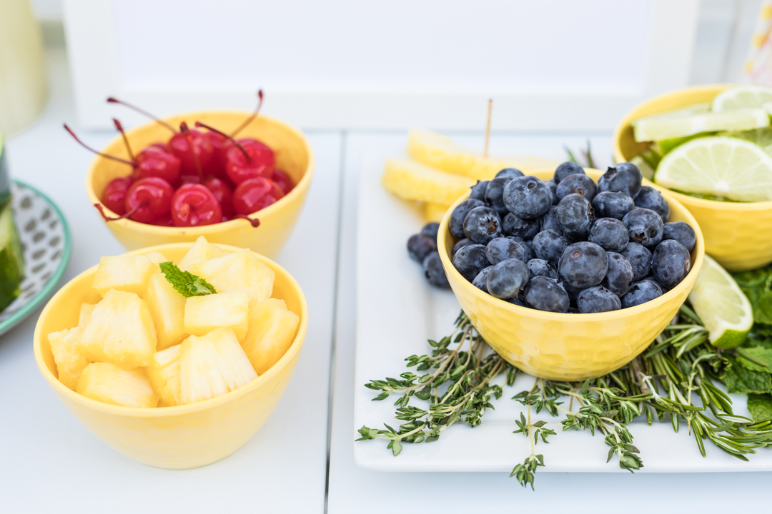 Lemonade Bar Cart Ideas. Best of summer all on one bar cart from lemonade to amazing garnishes.