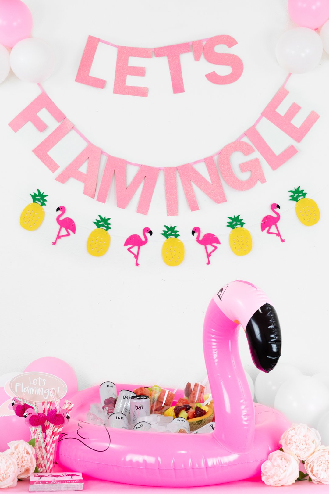 Flamingo Party Float with drinks. Summer Party Ideas with Bai Bubbles.