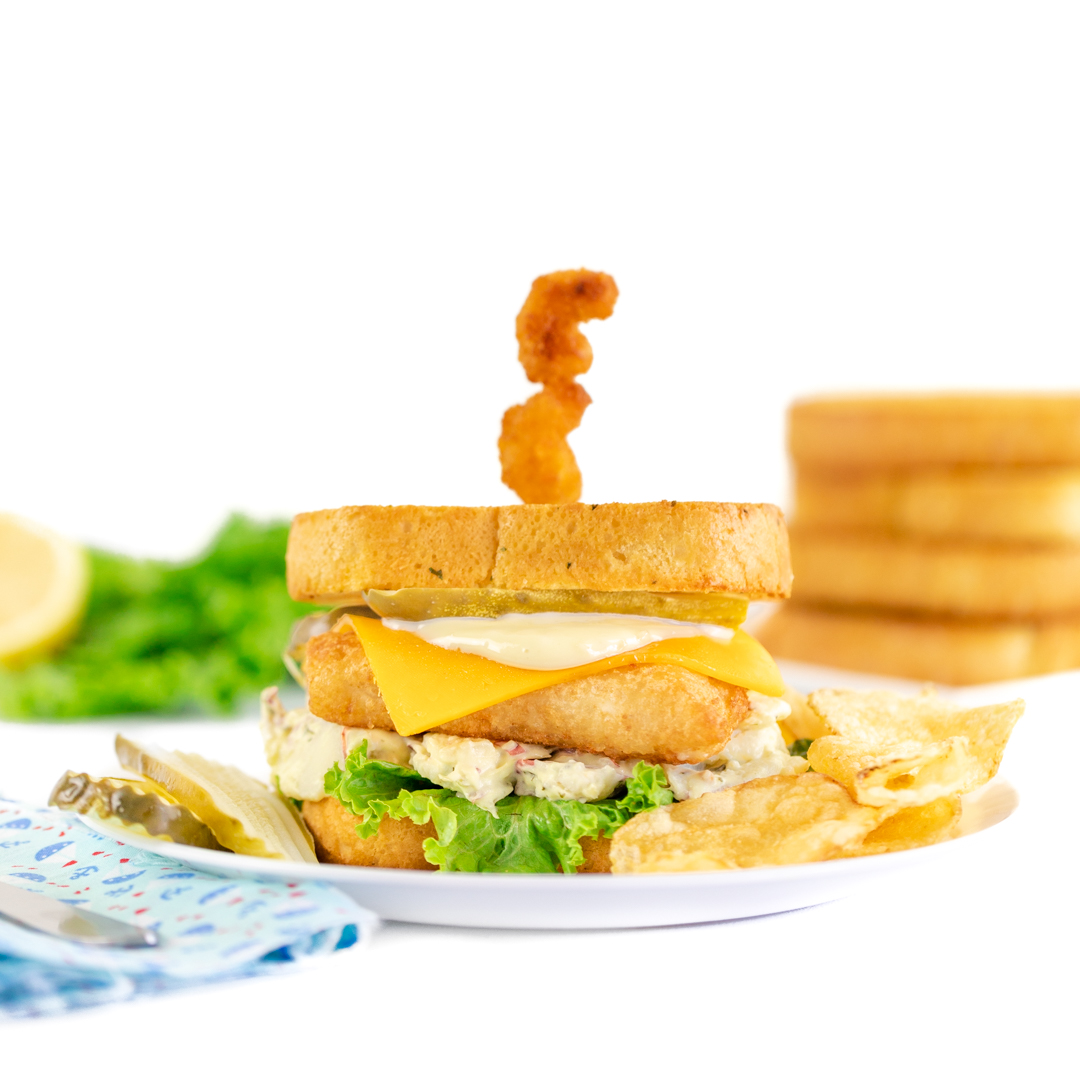 Easy Family Dinner. Over the top Fish Sandwiches made with red bliss potato salad and garlic mayo.