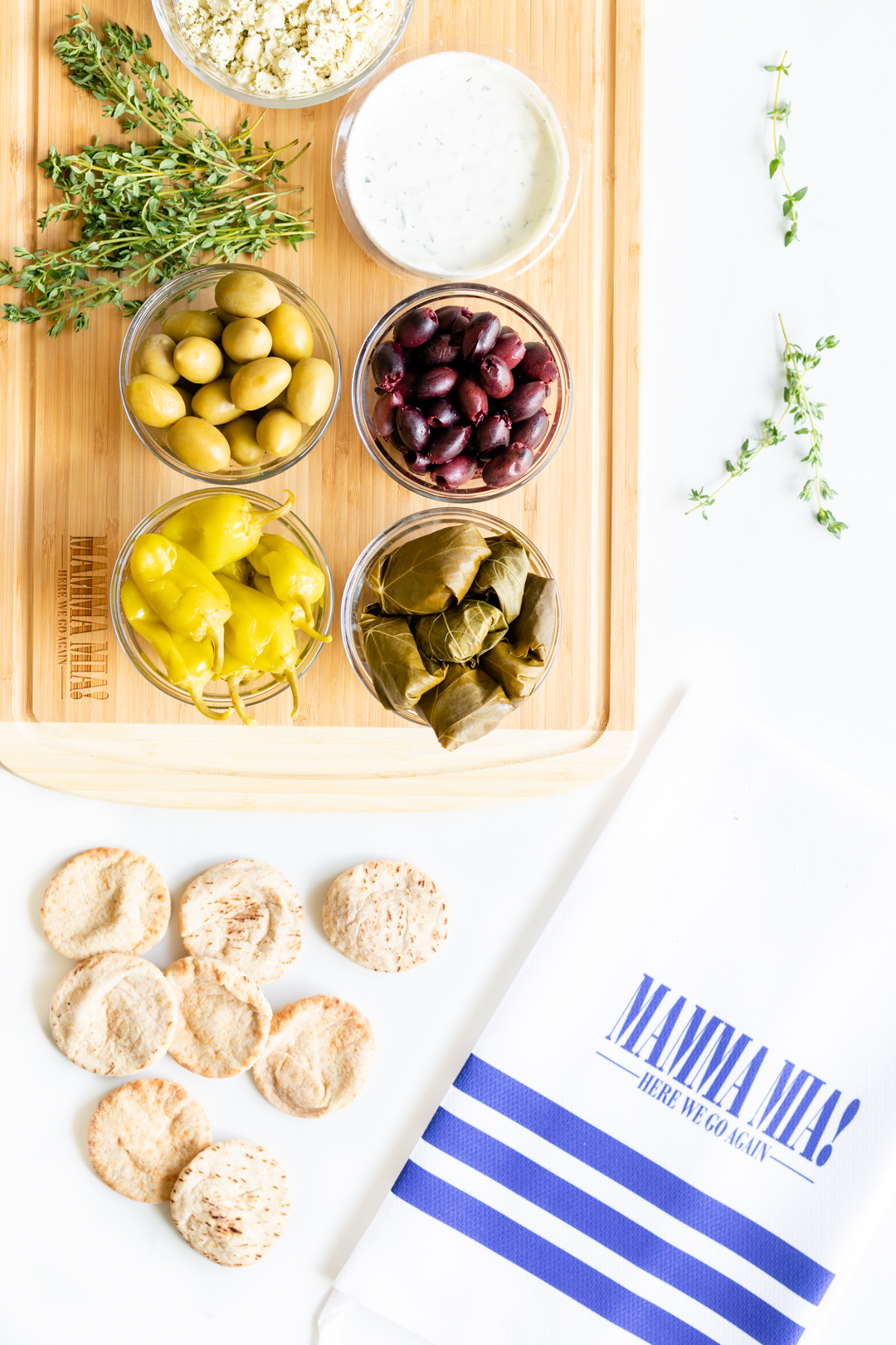 Greek appetizers. Tzatziki, Greek Olives, Cucumbers. 