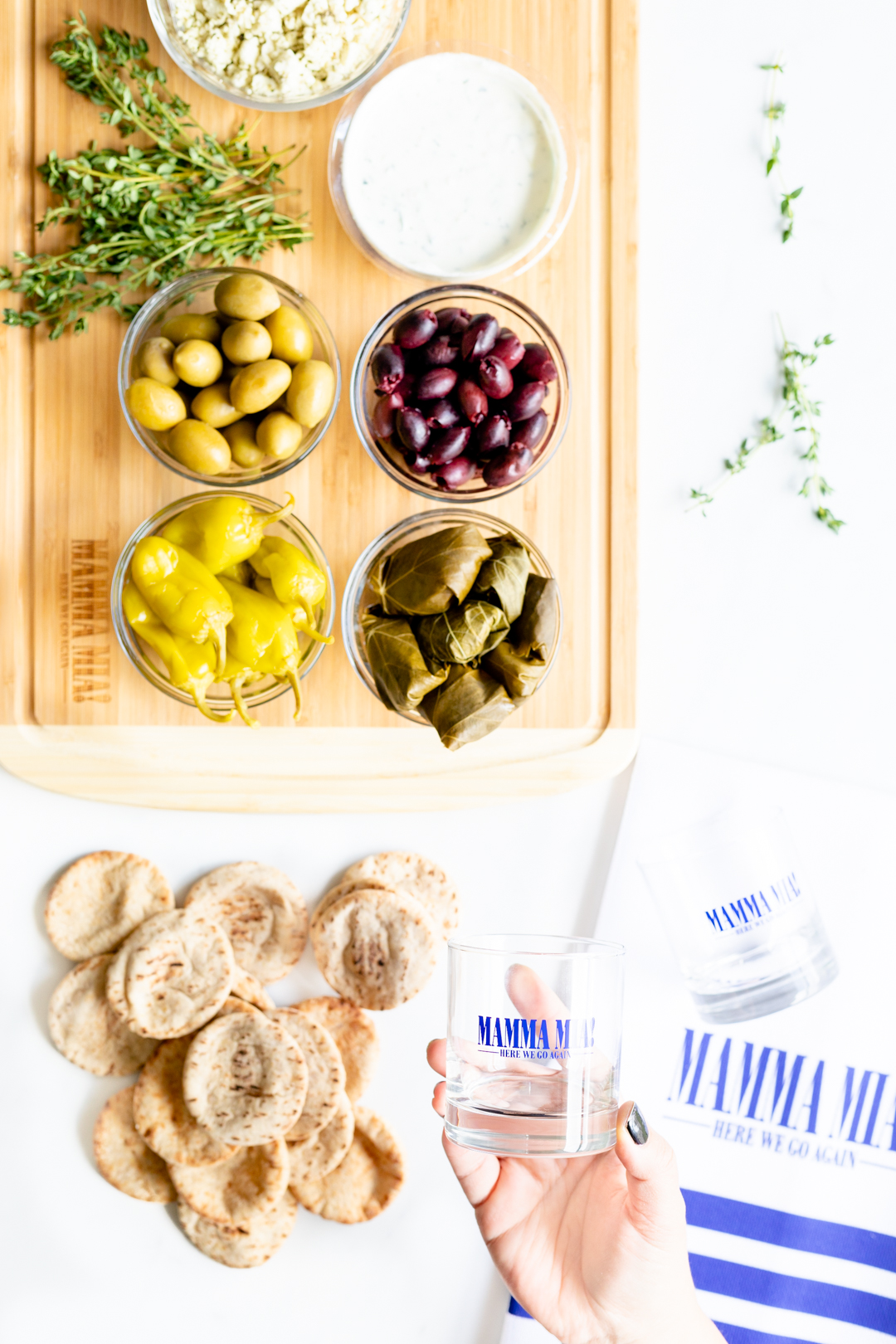Greek appetizers. Tzatziki, Greek Olives, Cucumbers. 