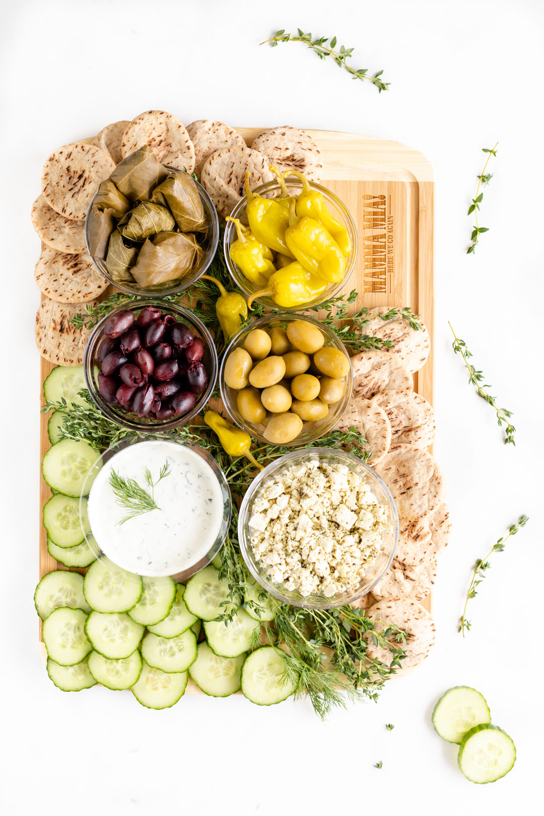 Greek appetizers. Tzatziki, Greek Olives, Cucumbers.