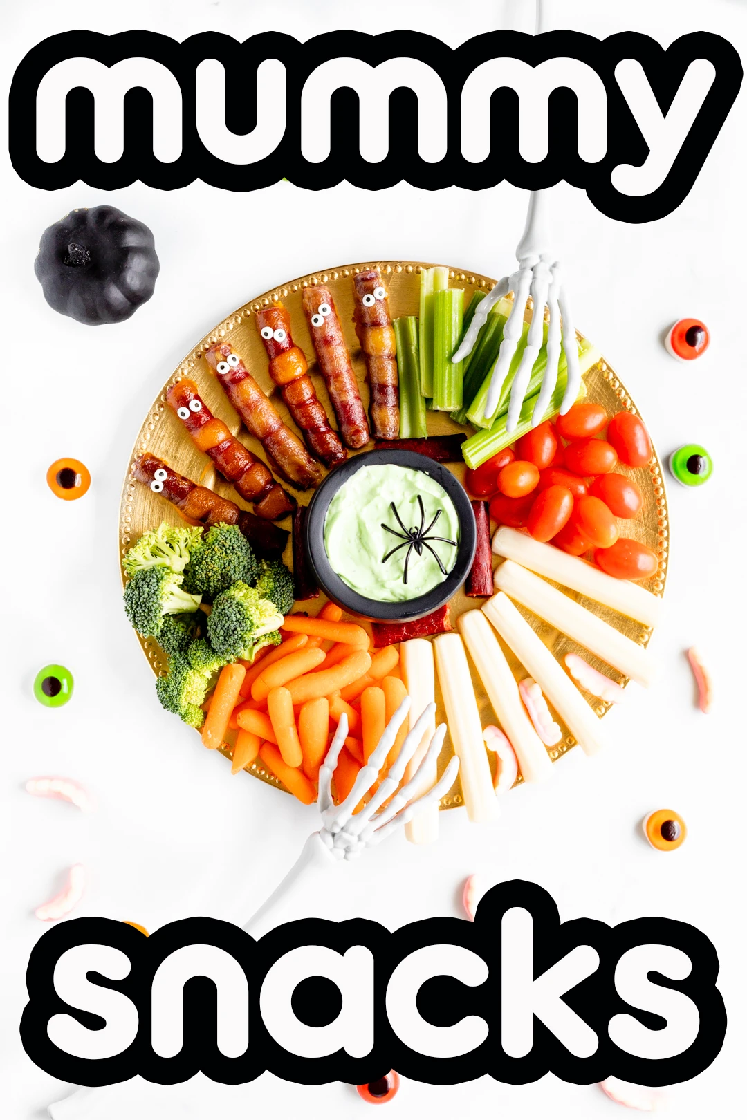 mummy snack board for kids with cheese wrapped meat snacks
