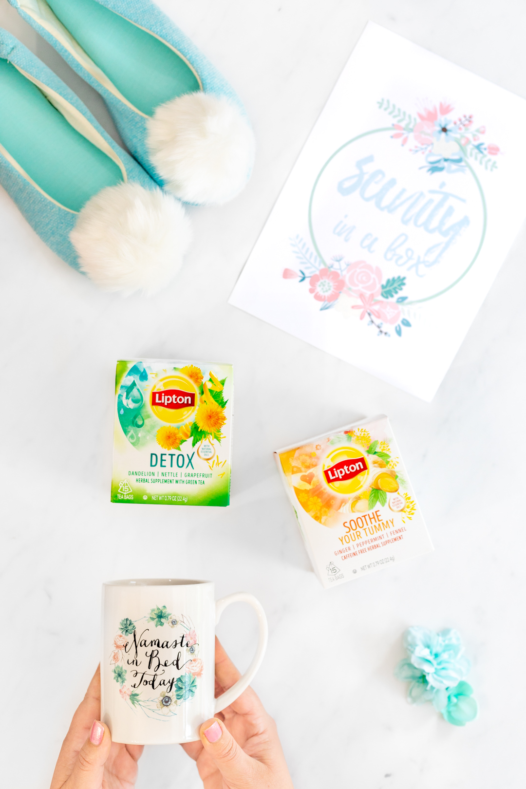 wellness teas, slippers and mug