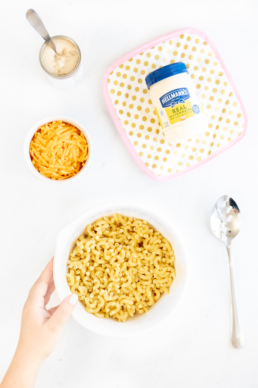 macaroni, hellmann's mayonnaise, shredded cheese and canned soup.