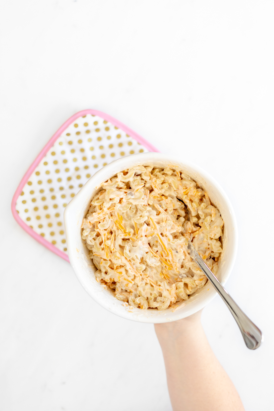 macaroni and cheese preparation in a bowl