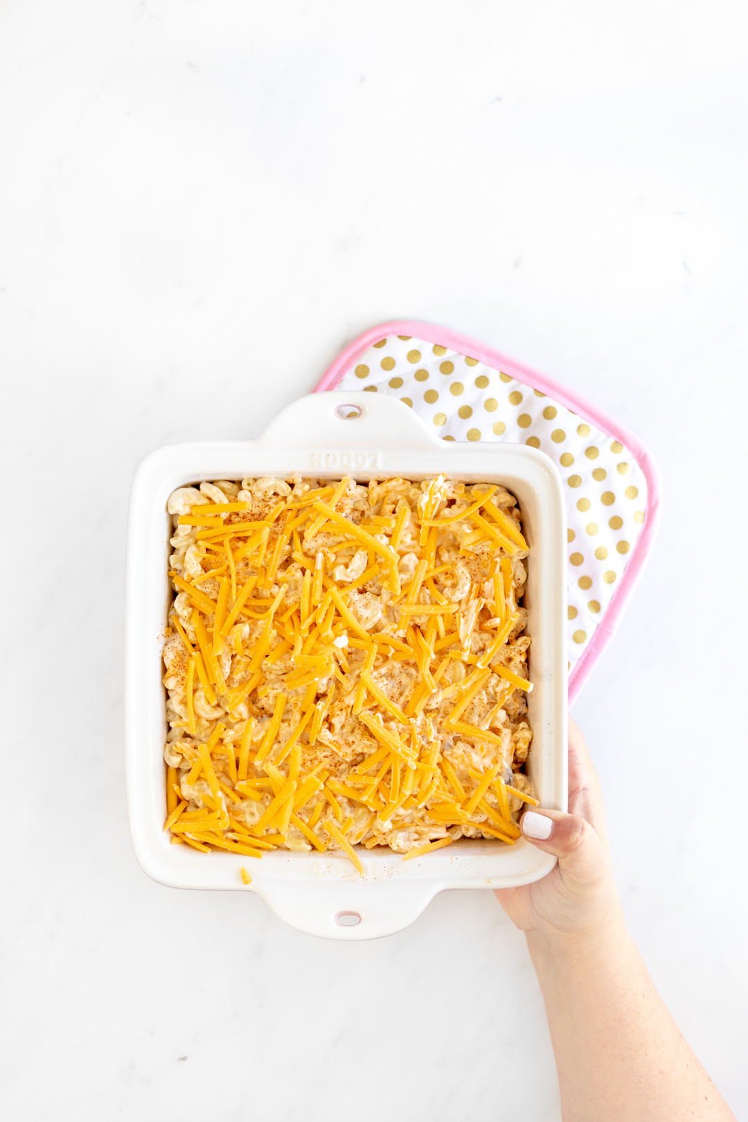 Casserole dish of macaroni and cheese, ready for the oven.