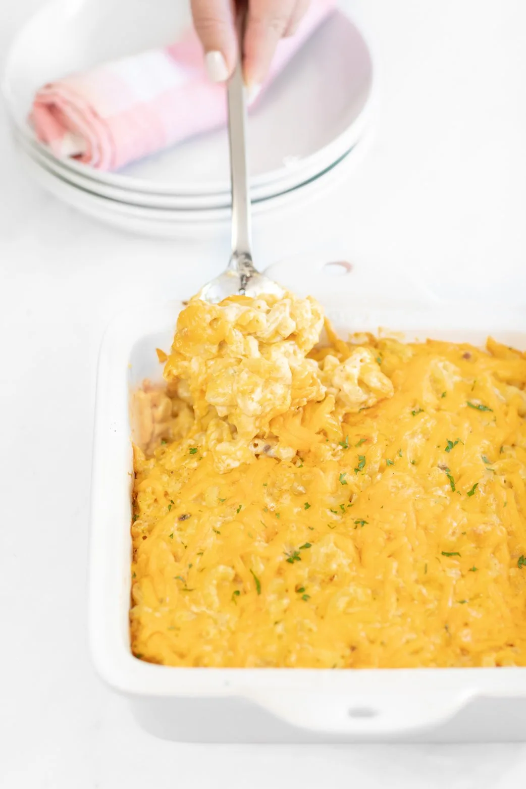 casserole dish of mac and cheese.