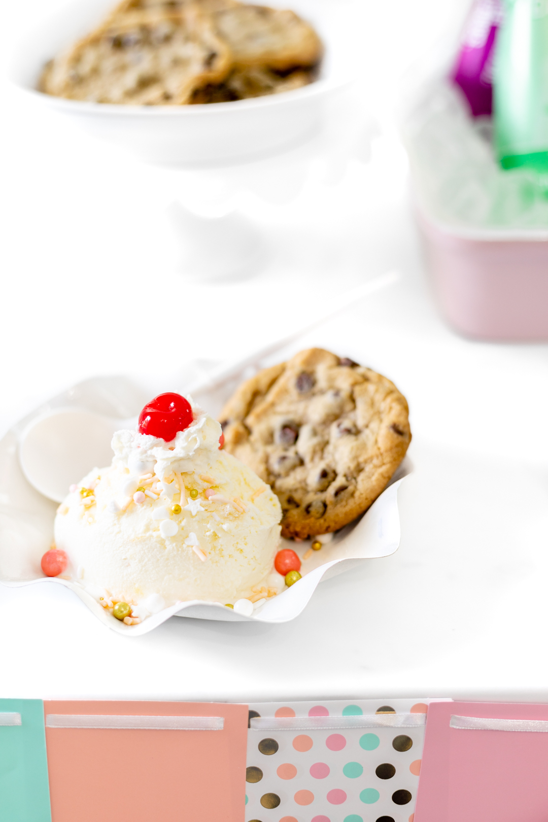 ice cream sundae with chocolate chip cookie