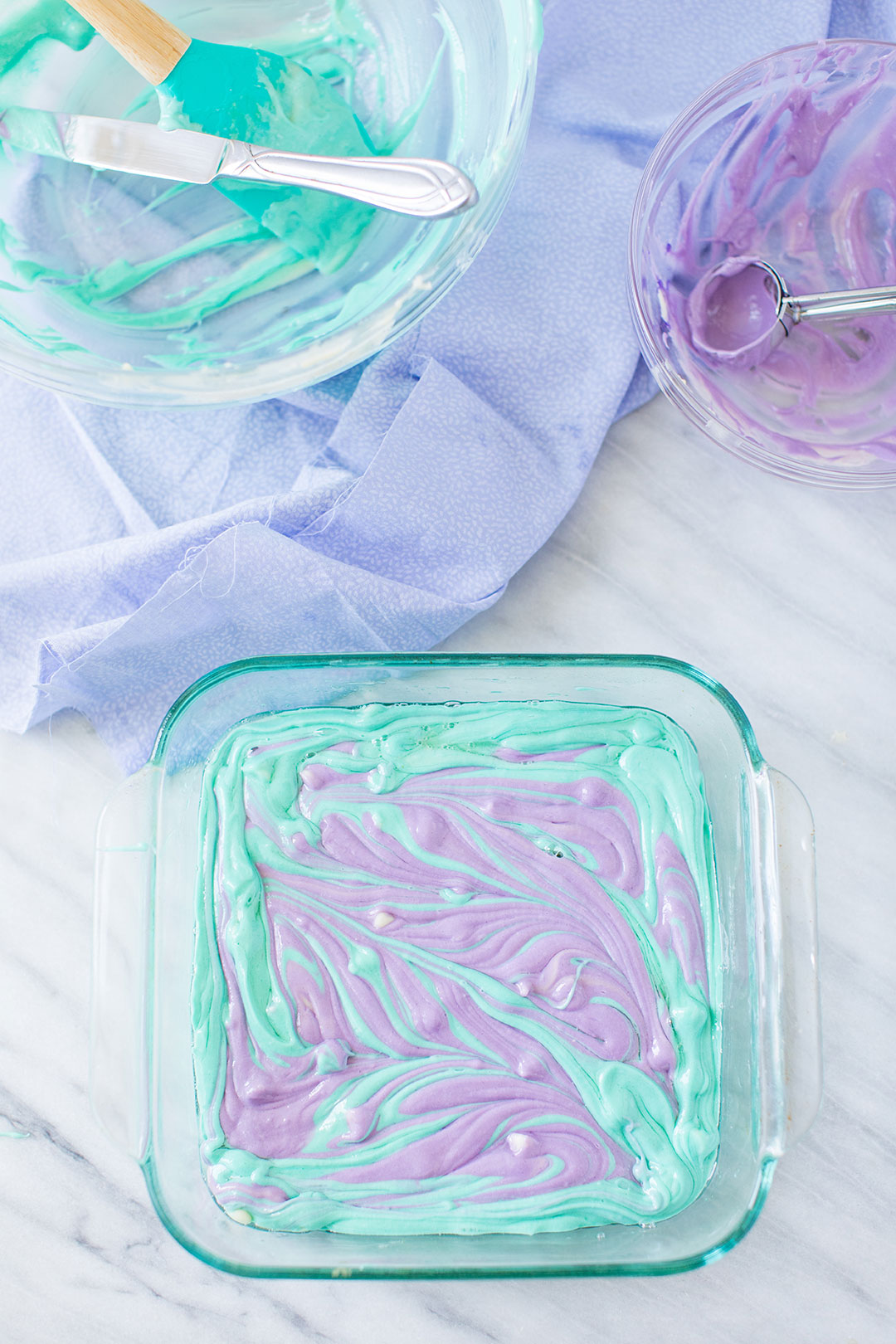 pastel blondie mixture in a baking pan