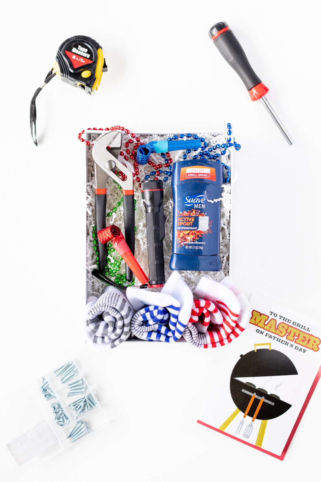 men's gift box with socks, tools, men's deodorant 