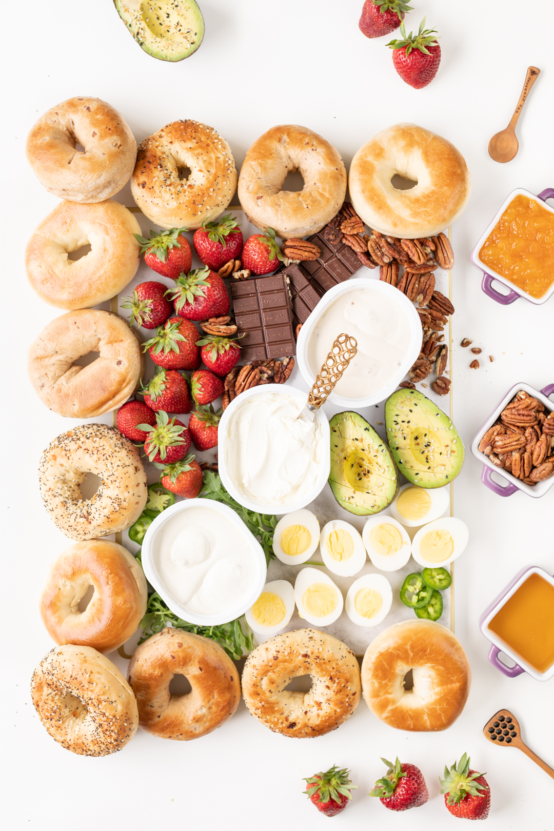 Delish brunch spread with bagels and cream cheese
