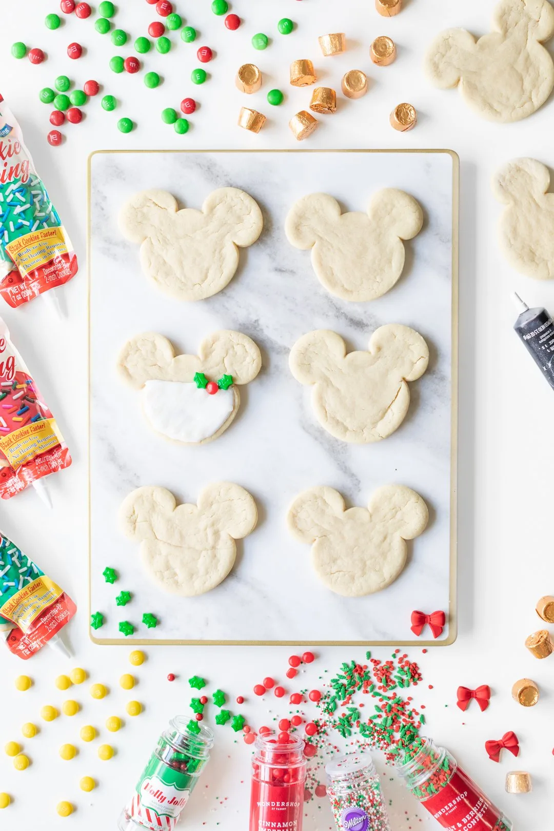 Plain Mickey Mouse Sugar Cookies with Christmas Cookie Decorating Supplies
