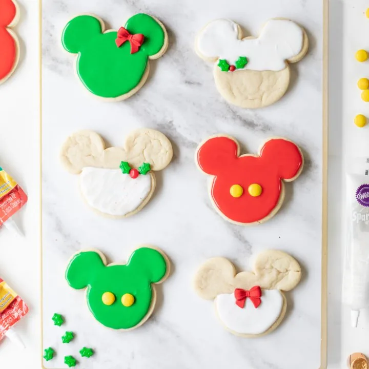 Christmas themed Mickey and Minnie Cookies