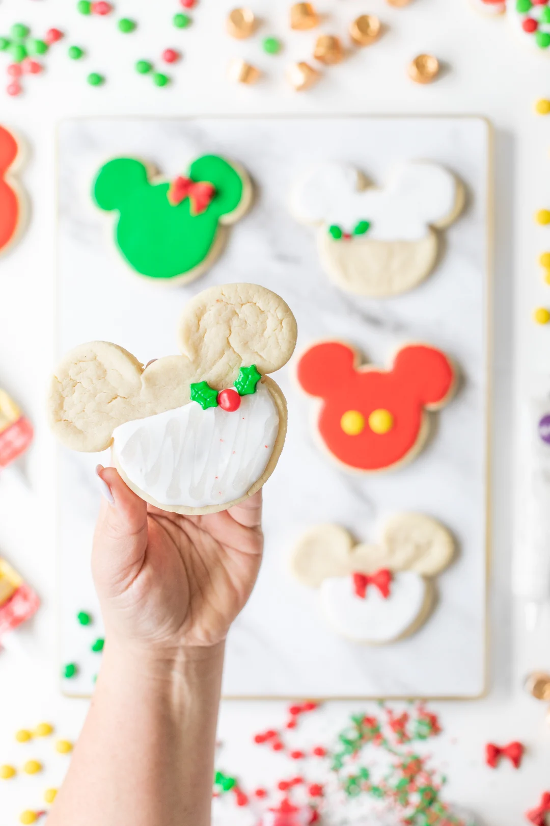 Pretty Mickey Sugar Cookie with White Icing and Holly Sprinkles