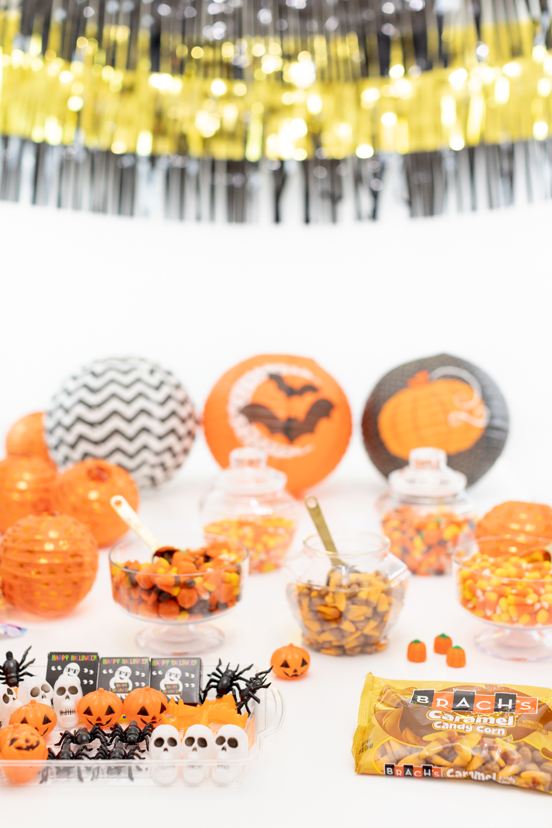 Halloween Candy Party Ideas with Gold, Black and Orange Decorations.