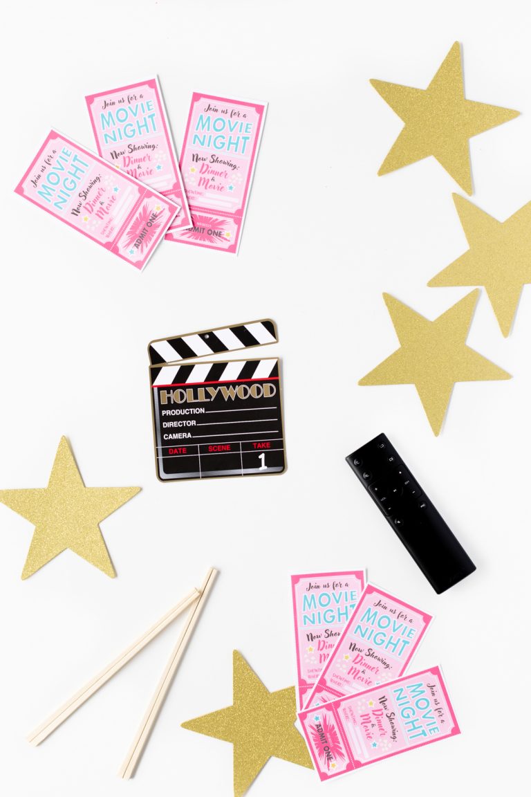 Movie night party decorations. Gold Stars, Movie Night Invitations.