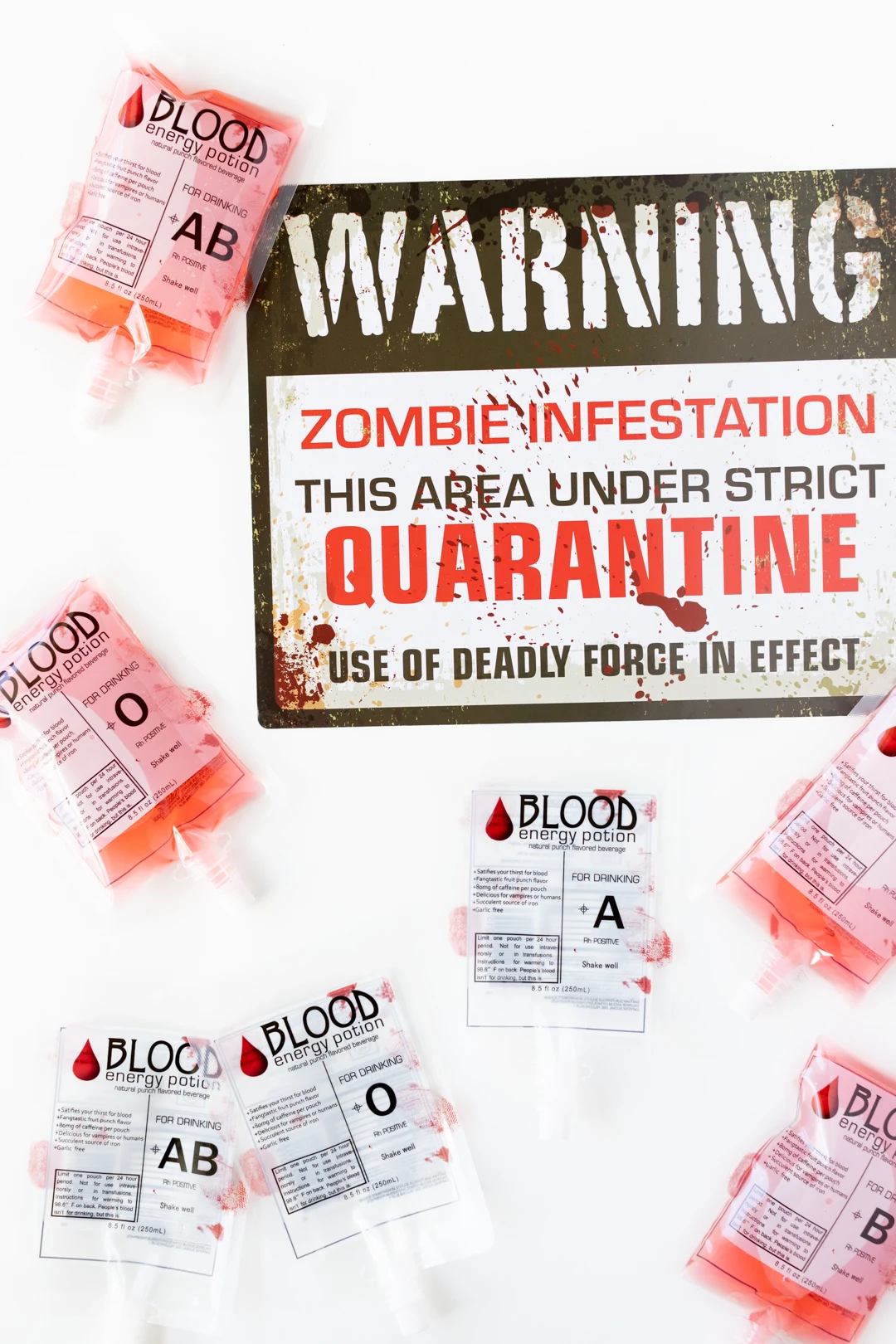 Zombie Infestation Sign with Blood Bag Drinks.