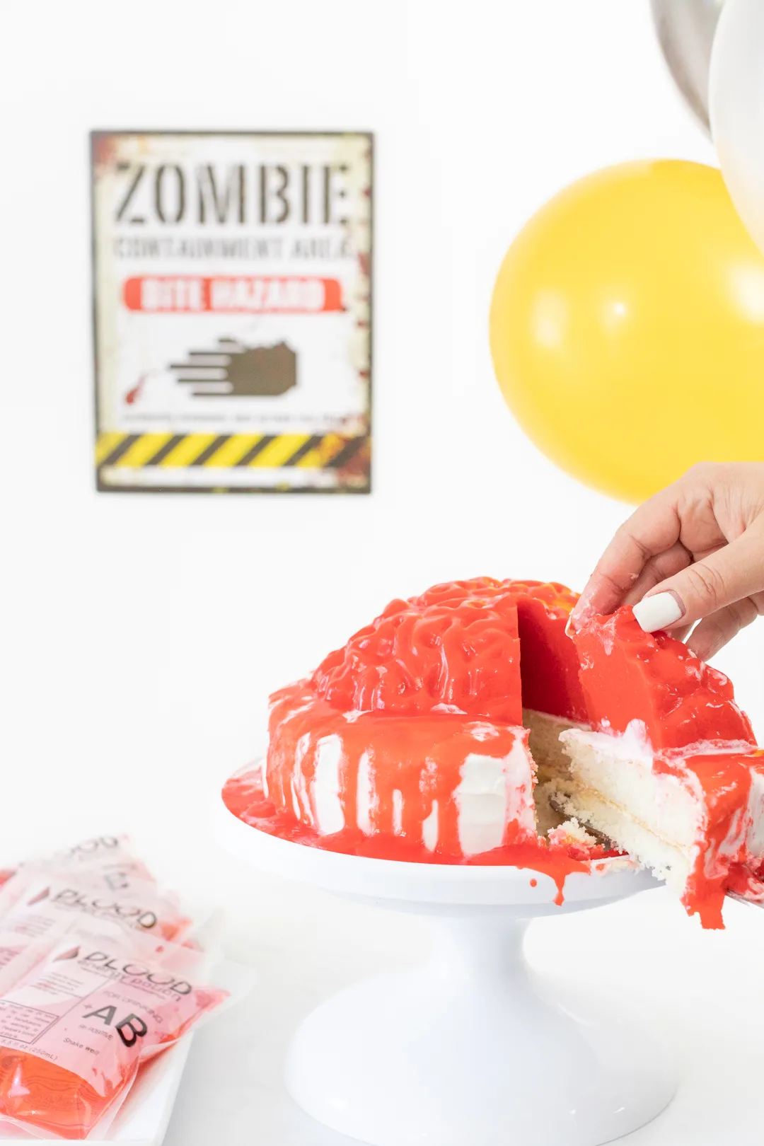 Slice of bloody brain cake made with a brain gelatin mold.