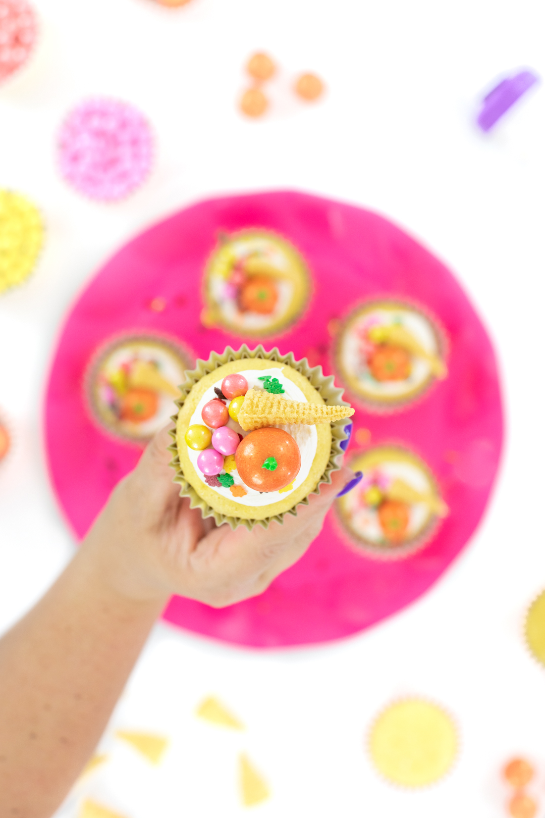 Cute cornucopia cupcakes made with shimmer candies.