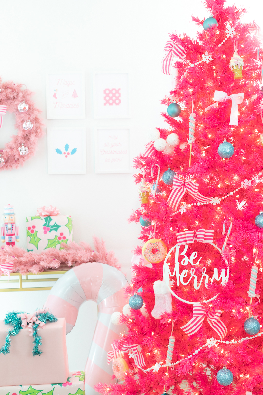 hot pink christmas tree with whimsical decor