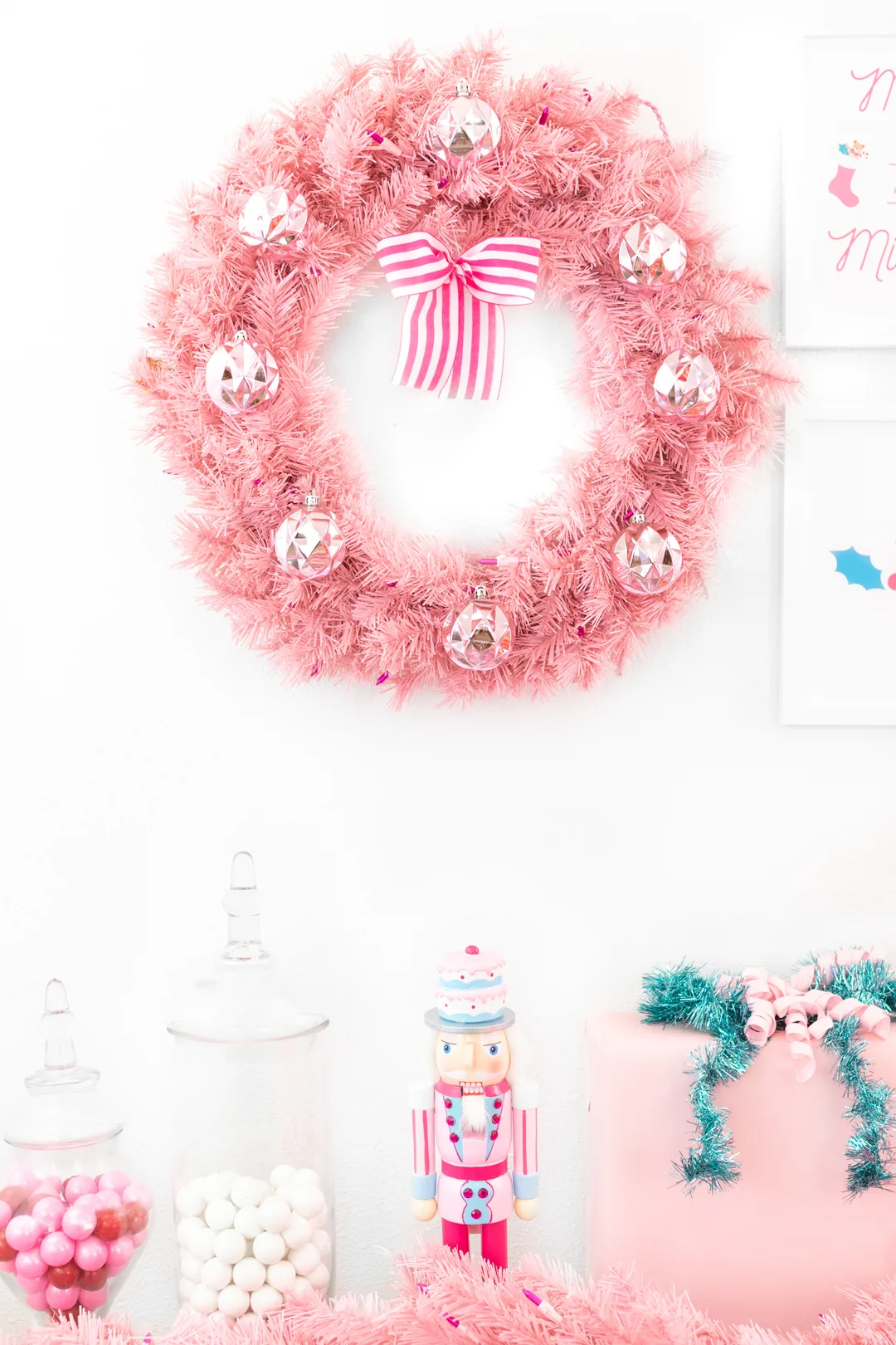 light pink prelit wreath with decorations