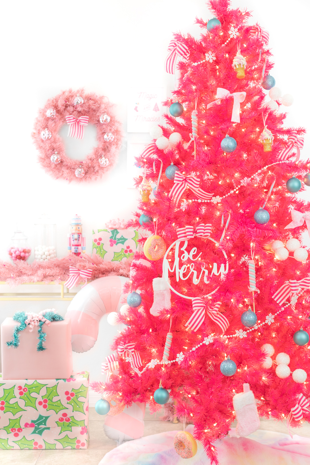 pink christmas tree and decorations