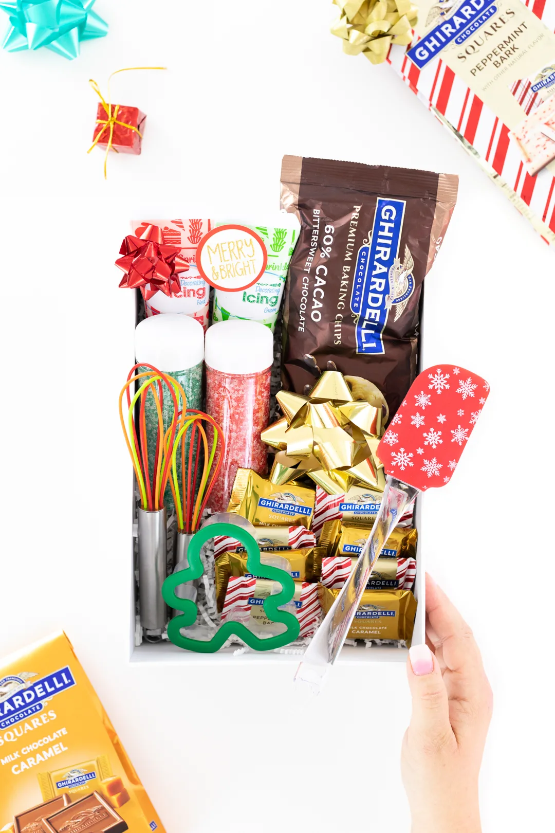 Chocolate Baking Gift Box with chocolate chips, sprinkles, icings, spatula and whisks.