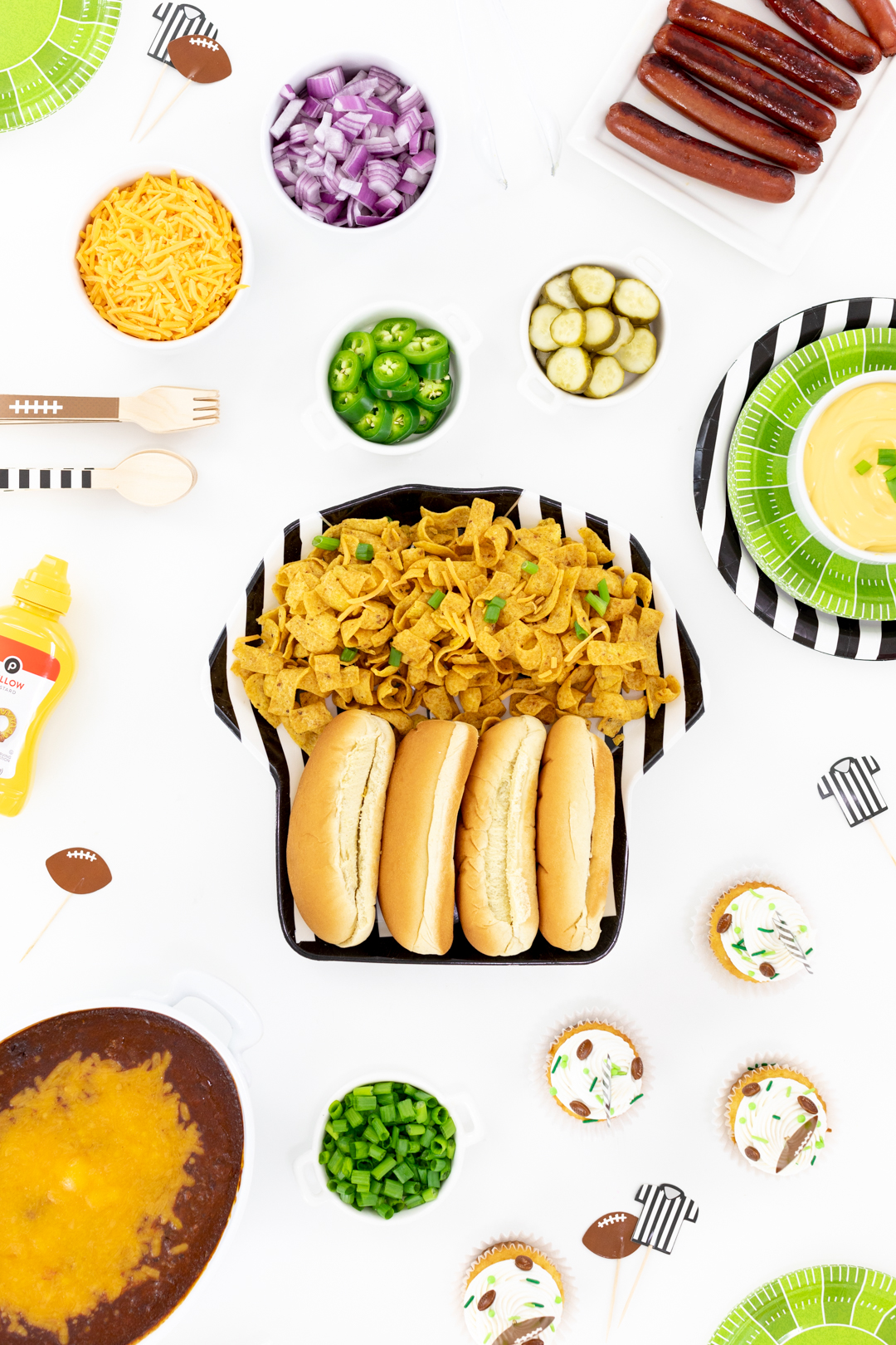 football party table with chili dog fixings