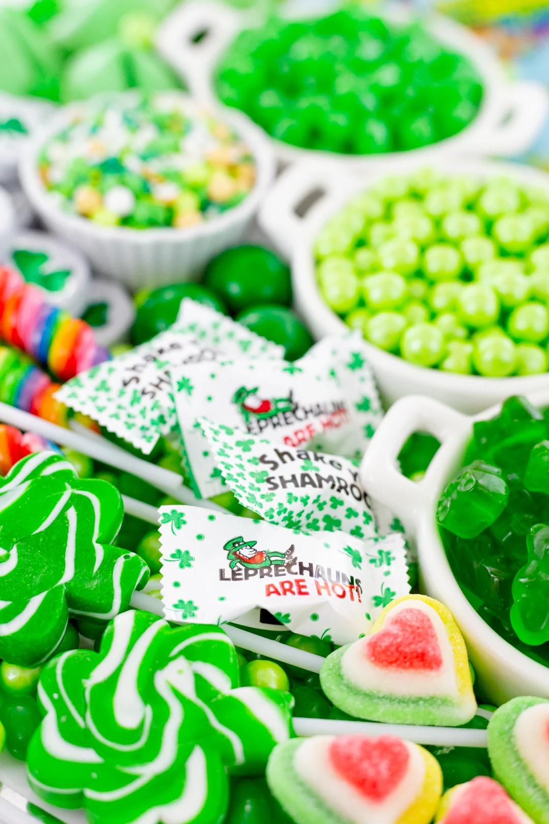 Leprechauns are hot candies and shamrock lollipops.