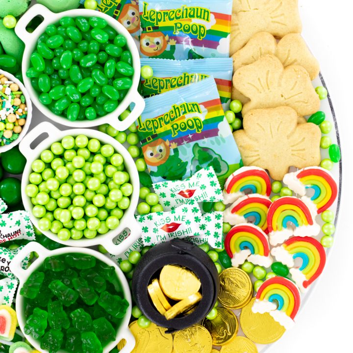 candy tray with leprechaun poop candy, shamrock cookies and more.