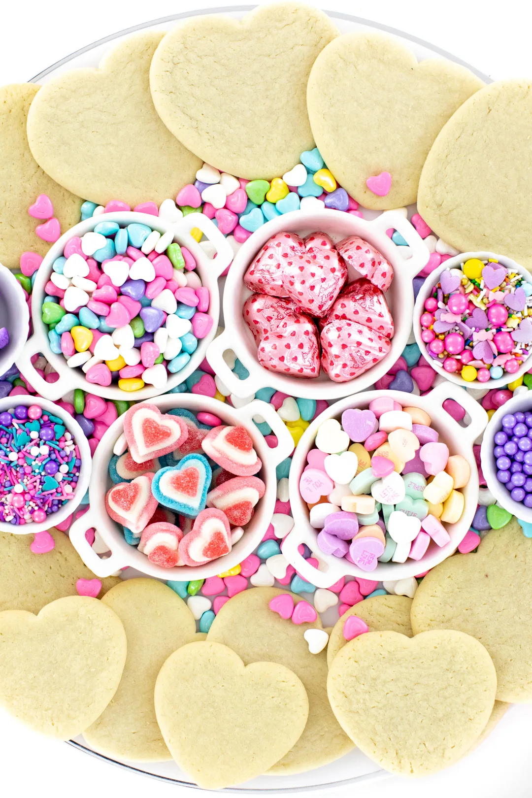 valentines day cookie tray with candies and sprinkles