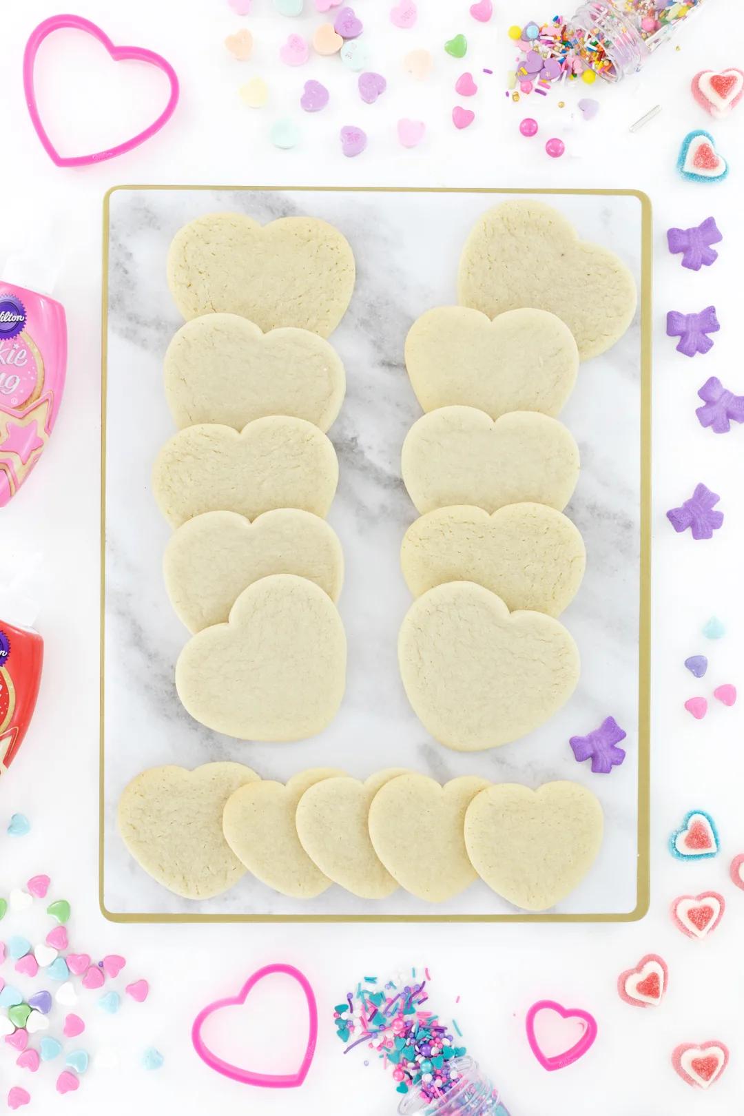 Tray of plain heart sugar cookies to decorate