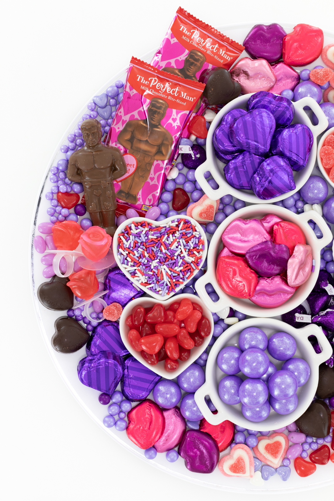 Galentine's Day Candy Tray with purple and red theme