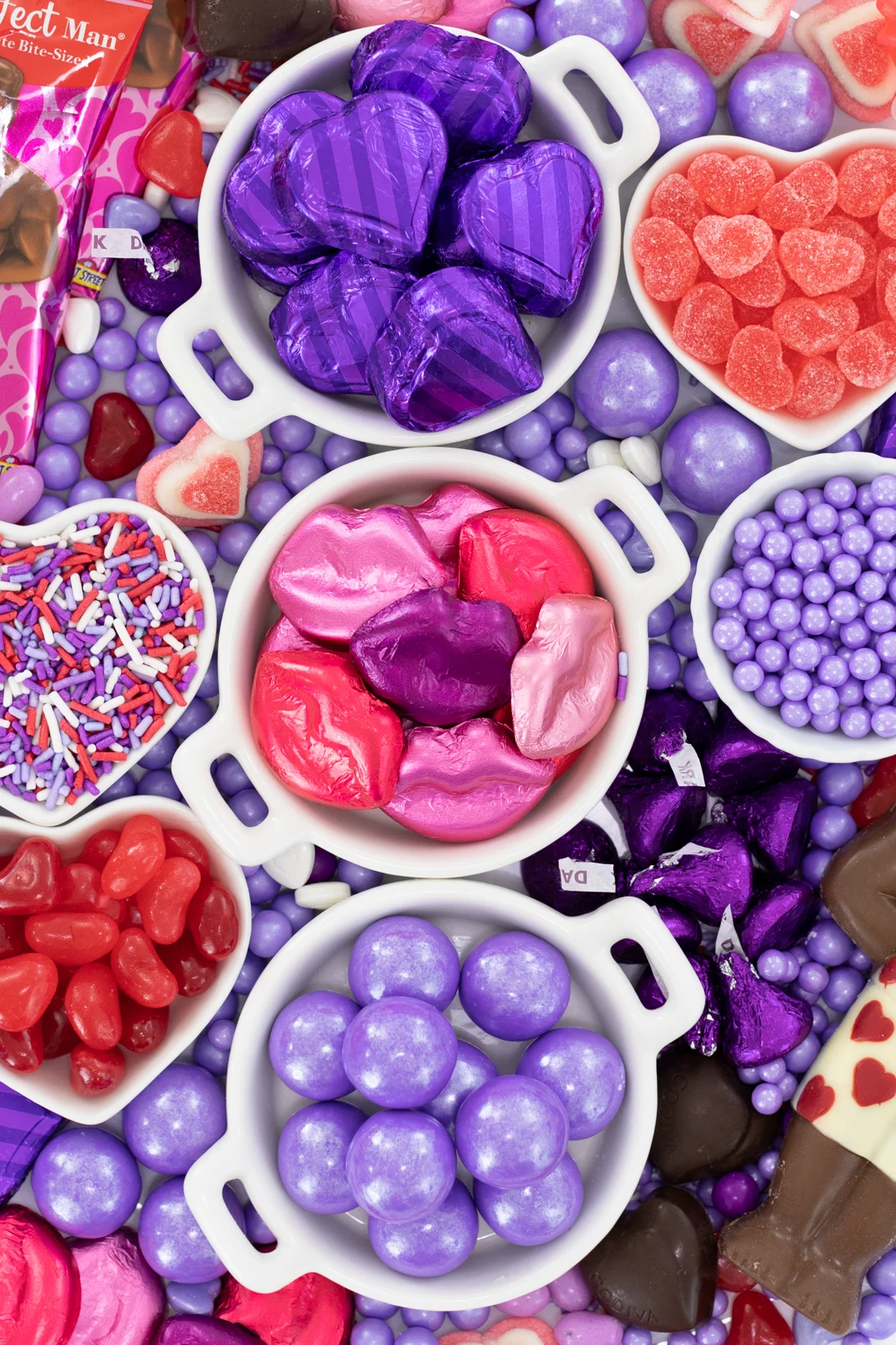Purple chocolate foil wrapped hearts, foil wrapped kisses, purple gumballs