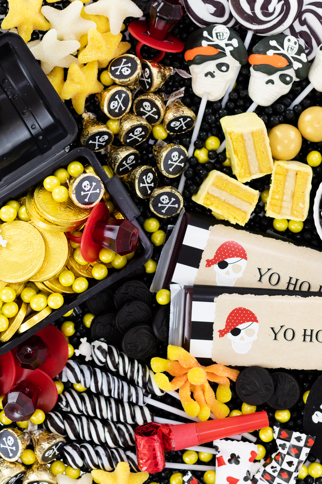 pirate candy plate with black, white, red and gold theme