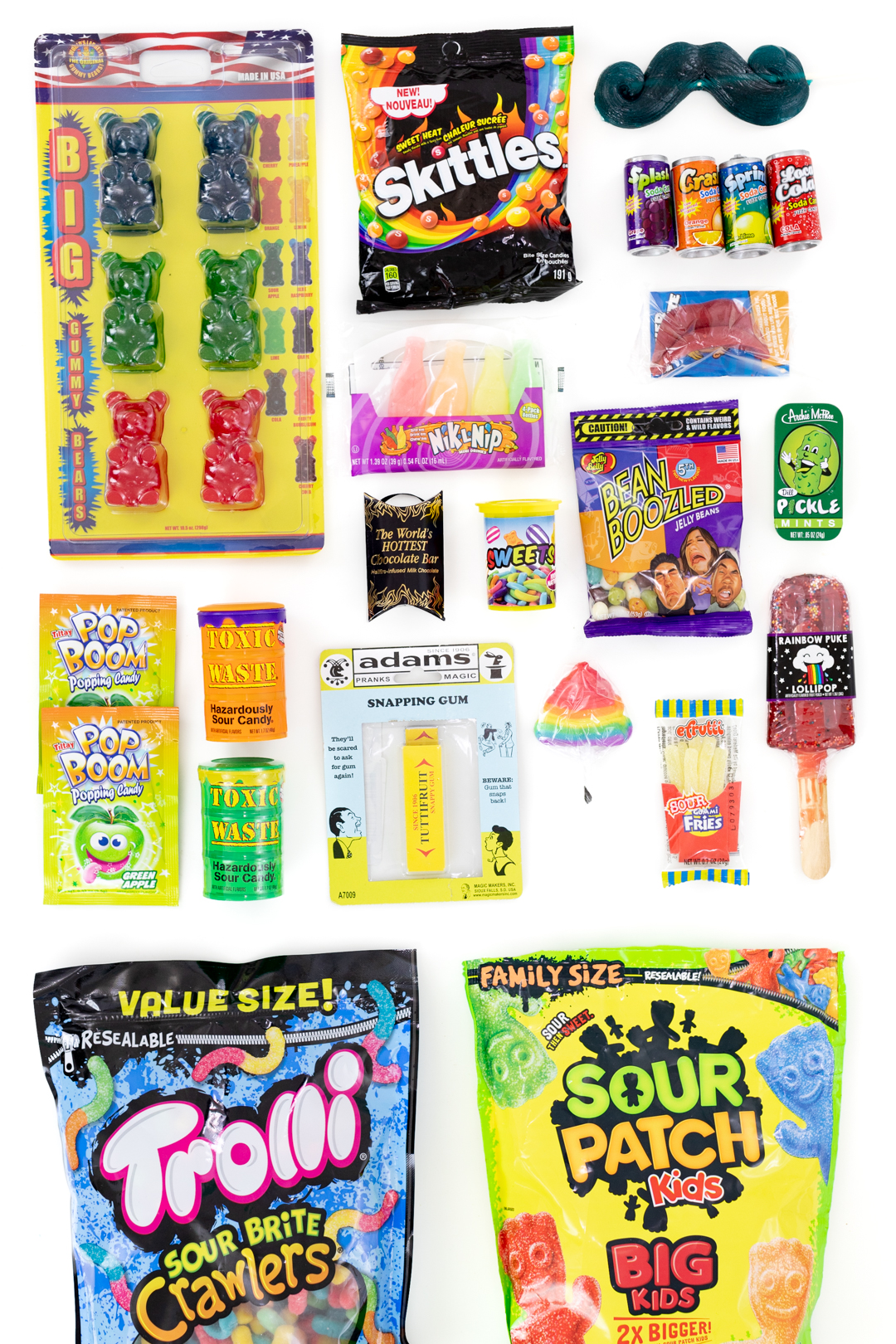 candy in packages that are sour, funny and gross.