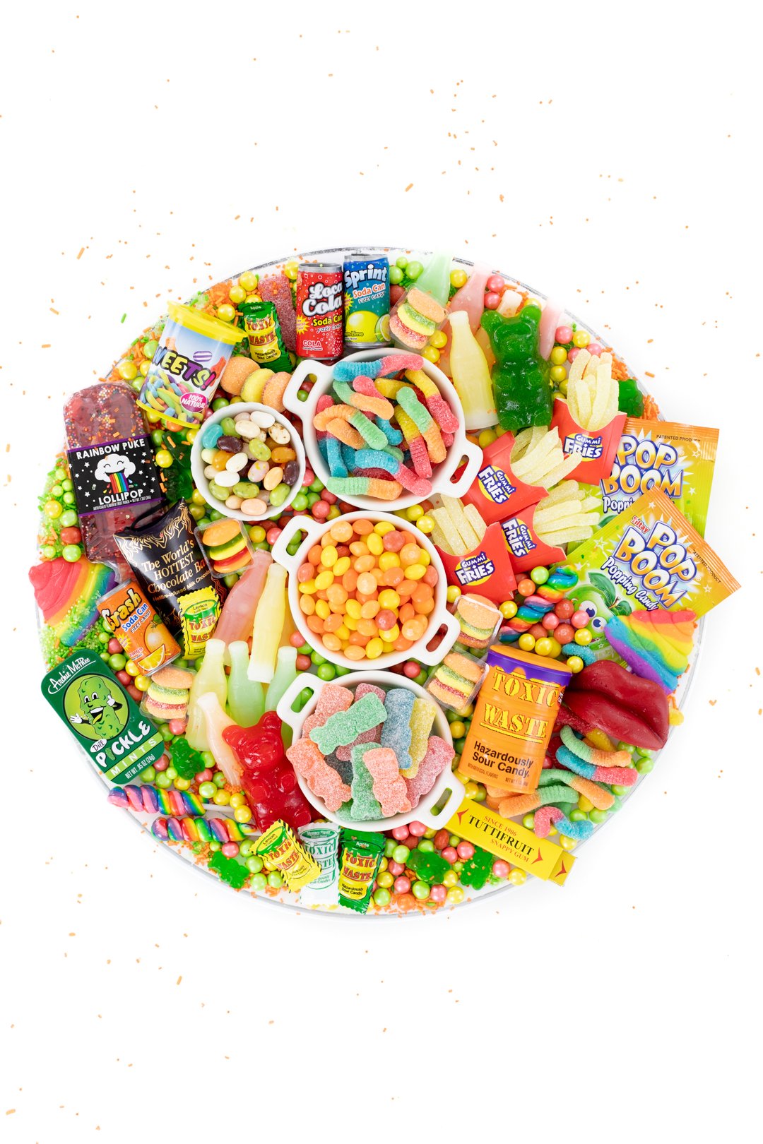 candy charcuterie board loaded with joke and prank candies for april fools' day