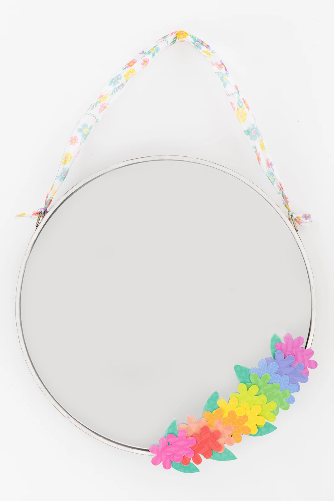 spring mirror craft with paper stationary flowers. floral wreath.