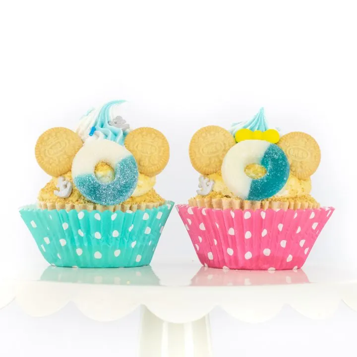 minnie and mickey cupcakes that are inspired by a disney cruise with graham cracker crumbs for sand