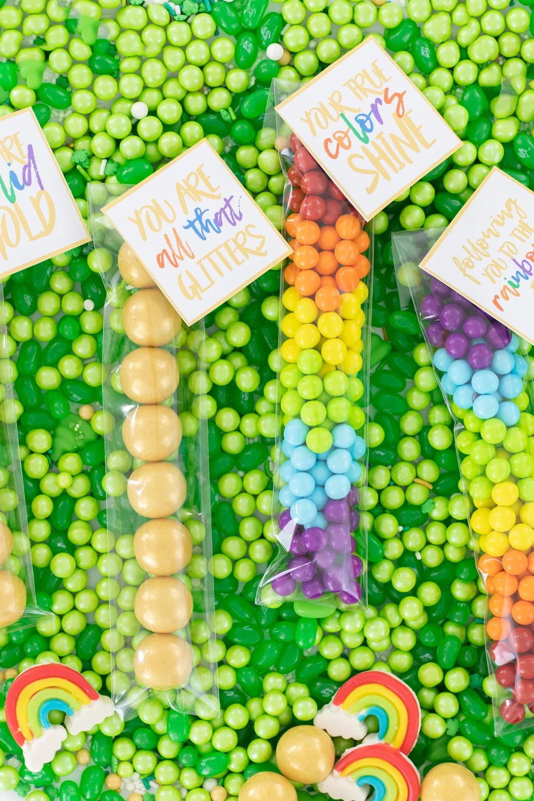 pretty rainbow candy treat bags with cute sayings