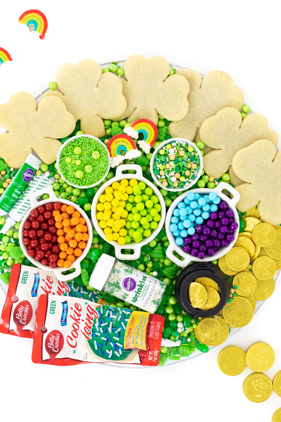 fun rainbow gummy candies, st. patrick's day sprinkles, green betty crocker cookie icing.
